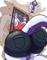 A dragoness with a very wide butt, stuck in a doorframe - doorframe visibly cracking.