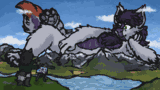 A giant fox with dragon colours rests across a mountain range as a raccoon paints a portrait of them.