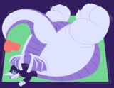 A dragon wearing a suit who's lower body has become inexplicably large and round, including overinflated paws