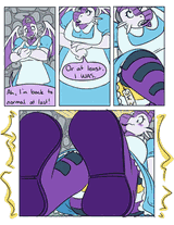 Comic - a dragoness in an Alice in Wonderland inspired dress growing inside a cottage, eventually taking up most of the room. 'Ah, I'm back to normal at last', 'Or at least, I was.'