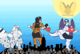 Three giant women on top of a city, a snow leopard blowing a kiss, a tigress posing, and a dragoness looking at what they've caught on their paw