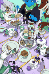 A variety of characters enjoying a tea party, with micros (including a specific dragon) sat at tiny tables on top of the larger one, everyone enjoying appropriately sized snacks.