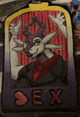A conbadge with a dragoness in a suit, surrounded by the non-binary flag colours.