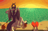 A giant pooltoy dragon resting on a beach, looking at the sunset.