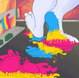 A giant dragon with pansexual flag paint on their paws walking down a street and leaving painted pawprints with the flag's colours.