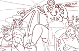 A very large dragon on an airplane stretching out and taking up a lot of the plane, much to the chagrin of the other passengers.