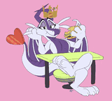 A dragon in a Burger Queen crown, sitting at a table and eating a burger, bored.