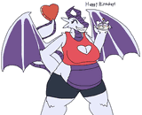 A chubby dragoness holding up a tiny cake.