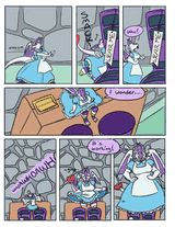 Comic - a tiny dragoness in an Alice in Wonderland inspired dress running into a massive pair of boots with a 'WEAR ME' tag. On climbing up to the suitcase the boots are next to, the dragoness begins to grow to fit the boots. Last panel has them looking satisfied exclaiming 'It's working!'