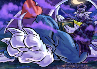 A gigantic dragoness stretching across the land while reading a book, a small city under the arch of her leg