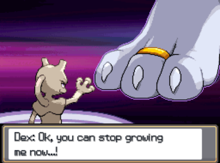 'The Battle Has Become One Sided' by Veejaybees - May 2025
Also featuring: Mewt
A scene in the style of Pokemon Diamond and Pearl - a Mewtwo looks smugly at the paw of a giant dragon. A scene in the style of Pokemon Diamond and Pearl - a Mewtwo looks smugly at the paw of a giant dragon.