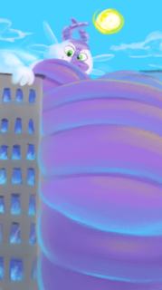 A giant, well rounded dragon navigating between buildings in a city.