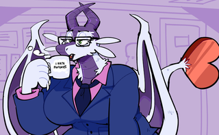 A tired dragoness in a suit sipping from an 'I Hate Mondays' mug.