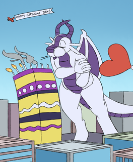 A giant dragon blowing out the candles on a building decorated to look like a cake with the non-binary flag colours and swaying in the breeze. A plane flies past with a 'Happy Birthday, Dex!' banner.