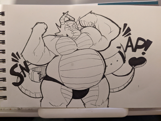 A dragon with a large musclegut wearing a speedo snapping a belt