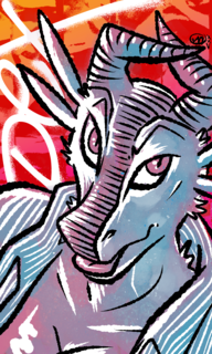 A dragon looking up at the camera, Dex written in the background.