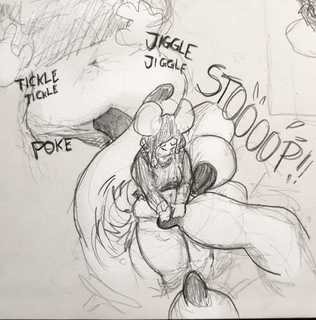 An embarassed mouse being massaged between dragoness claws, tail wagging