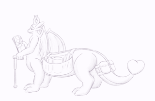 A dragon taur with a cane. They also have saddlebags filled with various objects, and a tailbag.