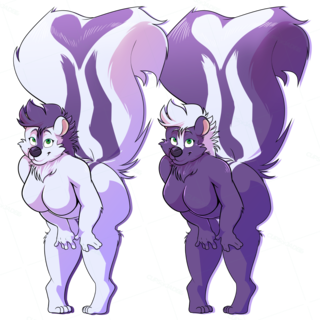 A skunk with a heart on their tail posing for the camera. There are two copies of the image, with inverted colour schemes.