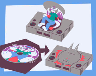 PANEL 1: a small dragon sitting in the open disc tray of an original PlayStation 1.
PANEL 2: the disc tray lid suddenly closes. There is a view of the inside of the console, now showing the dragon squished into the shape of a CD.