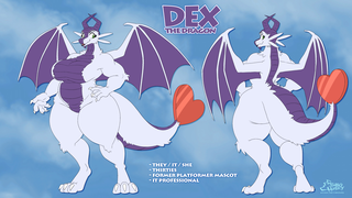 Ref sheet of a rather curvy dragoness, captioned Dex the Dragon, they/it/she, thirties, former platformer mascot, IT professional.