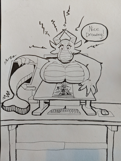 A cartoon dragon with their head and boobs popping out of a monitor placed above an artist's easel, and their tail popping out of a reference portrait monitor off to the side. The artist's easel contains this drawing being worked on. The dragon says 'Nice Drawing!'