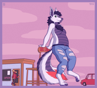 A giant fox posing by a diner themed after a table and chairs, resting back against the chair as a regular size bunny enters the door