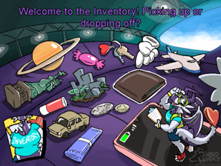 A dragon dropping something into their shirt, labelled 'Inventory'. The rest of the panel shows the view inside the shirt of it being like a warehouse. A duplicate dragon in a high-vis vest standing on a phone says 'Welcome to the Inventory! Picking up or dropping off?'. Items resting on top of the breasts include a planet, candy, keys with a heart keyring, a plane, the Statue of Liberty, a city, a wallet (highlighted), chapstick, coins, a car, and some gum.