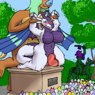 A giant bat on a statue's plinth exposing a large very embarrased dragoness to the gathered crowd. The statue is off in the background, removed in a hurry.