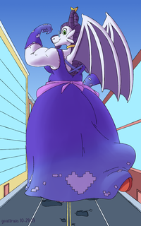 A giant dragon in a ballgown, with choker and golden tips on their horns, flexing their muscles while blocking traffic - seen from the back.