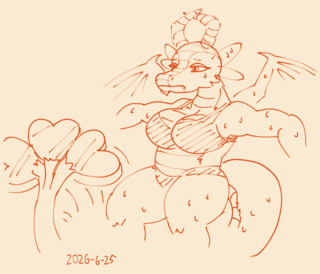 A sweaty dragoness fanning themselves with their tail - which has three tail tips on it.