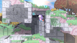 A dragon turned Sunfluff walljumping to reach a higher platform.