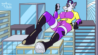 A giant dragoat sitting on a building wearing a latex outfit, hooves stretched towards the viewer.