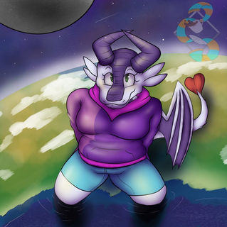 A very, very big dragon in a purple hoodie sitting on a country, legs dipped in ocean.