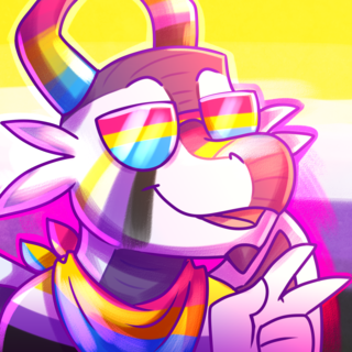 A dragon with pan and non-binary flags painted on their horns, pan flag shades, non-binary flag makeup, a pan flag bandanna, and a non-binary flag shirt.