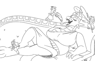 Several goats giving a large dragon the hedonism treatment, one giving a paw massage, one wafting with a palm frond, and one feeding a pizza.