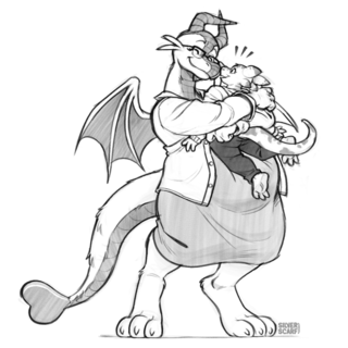 A large dragon cuddling and snuggling a much smaller dragon.