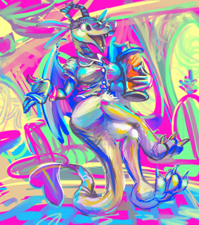 A dragon sitting on their tail, holding a coffee in one hand, and chatting to someone offscreen. The entire thing is painted in very garish colours.