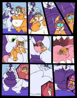 A textless comic featuring a dragon eating a butterdragon.
PANEL 1
Dex (dragon) speaking to Samael (butterdragon)

PANEL 2
Dex places their hand on Samael's head. Samael begins to shrink.

PANEL 3
Samael is still shrinking, now pressed against Dex's growing belly.

PANEL 4
Continuation of previous panel, with the belly now taking up more of the frame.

PANEL 5
Dex has picked up Samael, now able to fit in one hand.

PANEL 6
A noticably chubby Dex now sticks the finger size Samael into their waiting mouth.

PANEL 7
A shot of Samael on tongue, surrounded by tonsils and teeth.

PANEL 8
A chubbier Dex grasps their boobs when shrugging. A subpanel shows Samael a little smaller than tastebuds.

PANEL 9
A panel showing Dex's chubbier body from the back. A subpanel shows Samael now being towered over by tastebuds.

PANEL 10
A very fat Dex takes up most of the panel. A subpanel shows Samael between atoms and molecules.