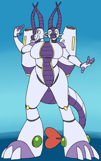 A two-headed robotic dragon with extra long horns and extra big robotic paws.