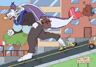 A giant dragoness in a suit running through town with a piece of toast in mouth. Their tail has left a heart shaped imprint in a building, and they have stepped on and destroyed a car despite a sign asking for them not to be stepped on.