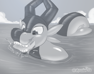 A giant pooltoy dragon with a cruise ship in its maw.