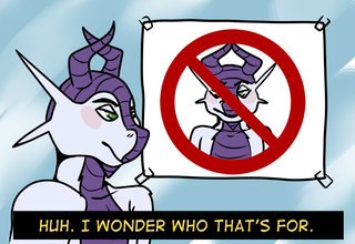 A dragon looking at a sign with their face with the no symbol imposed on it, in the style of a scene from Garfield and Friends. Caption: 'Huh. I wonder who that's for.'