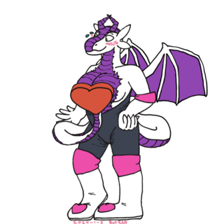 A dragon dressed in Rouge the Bat's outfit... except topless and embarassed, covering their breasts with the heart gem on their tail