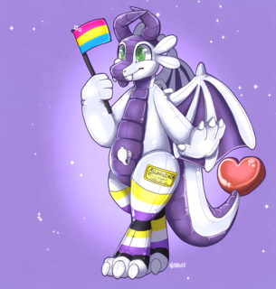 A dragon pooltoy with useless puffy fangs wearing non-binary socks and holding a pansexual pride flag