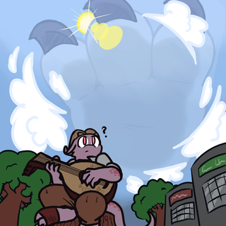 A kobold bard looks up as a dragoness's paw fills the sky over the city.