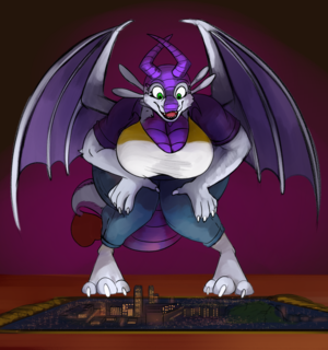 A dragoness marvelling at the tiny city that's appeared on her carpet.