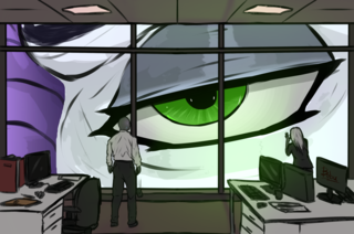 A giant dragon's eye looking in at an office window.