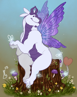 A dragon with fairy butterfly wings sitting on a tree stump.