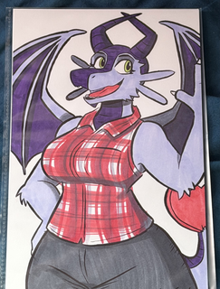 A dragoness in a flannel vest top.